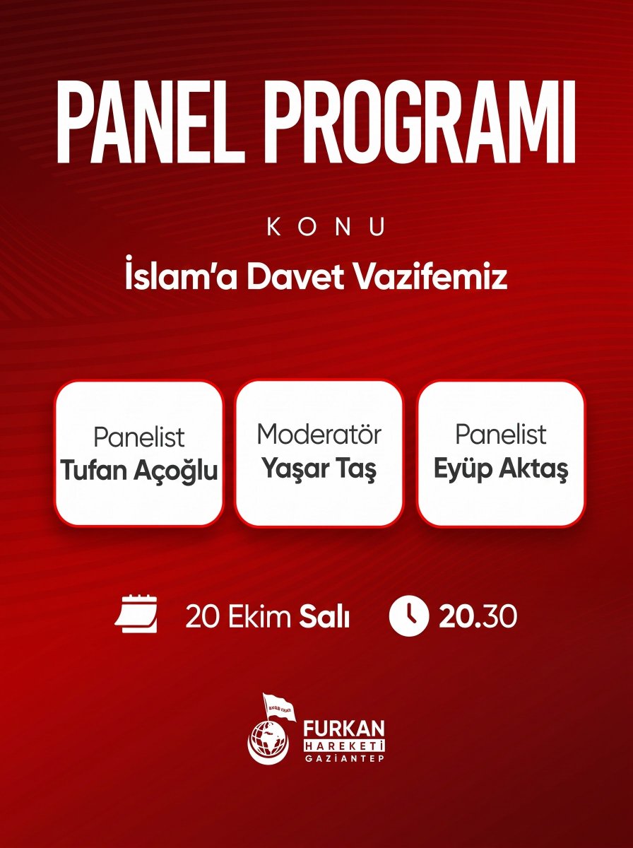 Gantepfurkan2's tweet photo. Gaziantep Furkan Hareketi mensupları olarak gerçekleştireceğimiz "İslam'a Davet Vazifemiz" konulu panel programına tüm halkımız davetlidir ✨

📅 20 Ekim Salı
🕣 Saat 20.30

📚 Panel Programı

📌 Not: Programımız erkeklere yöneliktir. https://t.co/uPAjvY0Oat