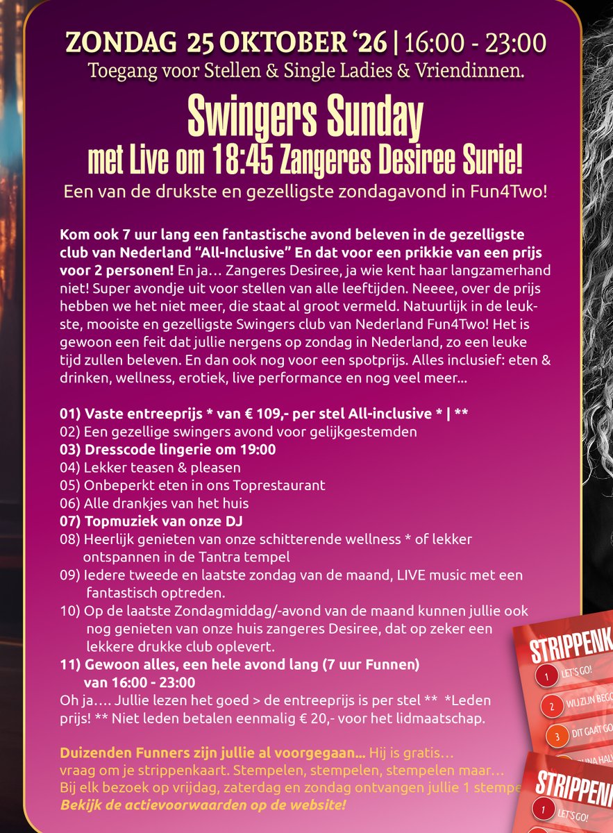 clubfun4two's tweet photo. Ons nieuwe weekend programma staat online op https://t.co/UGkndbcon3
Team Fun4Two
#parenclub #swingersclub #programma #Fun4Two #weekend #party #singleladies #couples #zondag #zaterdag #vrijdag #swingerssunday https://t.co/JOGIQKwuik