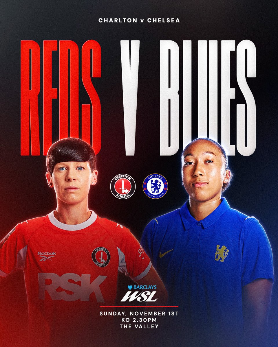 CAFCWomen's tweet photo. Reds vs Blues. Charlton vs Chelsea. November 1st. SE7. 🔴🔵

Show your colours and support. Tickets on sale now!

Grab yours here: https://t.co/gI1rYDEJne https://t.co/XrS4HE81gv
