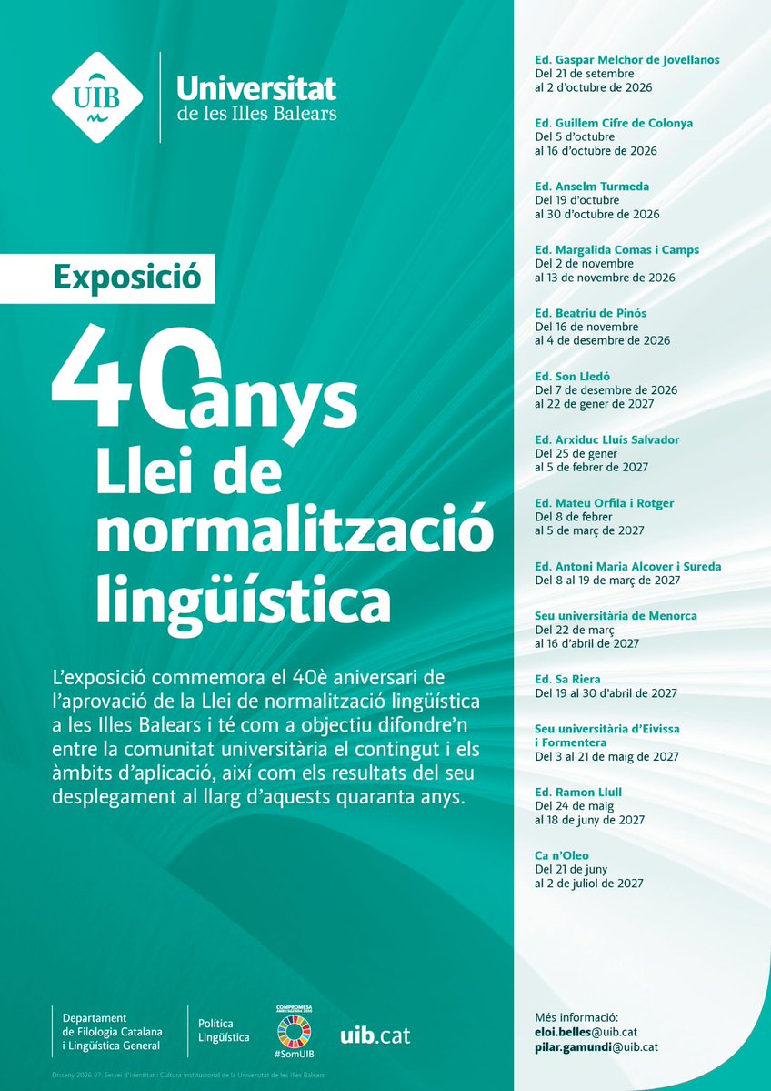 ocbcat's tweet photo. Amb motiu dels 40 anys de l'aprovació de la Llei de normalització lingüística de les Illes Balears, podeu visitar l'exposició que n'han coordinat els professors Eloi Bellés i Pilar Gamundí de la UIB. Hi trobareu informació sobre la gènesi de la llei, els continguts principals, la seva aplicació als àmbits de l'educació, la funció pública o els mitjans de comunicació, entre d'altres.

Fins a final de mes la trobareu a l'edifici Anselm Turmeda, després del seu pas pel de Jovellanos i Guillem Cifre de Colonya. Després recorrerà altres edificis del campus de la UIB, abans de viatjar a Menorca i Eivissa i finalitzar a Palma, a Ca n'Oleo.

ℹ️ https://t.co/6uyaWmHLXF