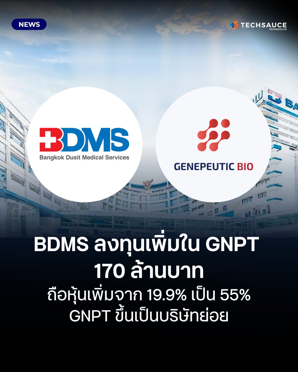 techsauceth's tweet photo. บริษัท กรุงเทพดุสิตเวชการ จำกัด (มหาชน) หรือ BDMS แจ้งตลาดหลักทรัพย์แห่งประเทศไทยเมื่อวันที่ 19 ตุลาคม 2569 ว่า บริษัท รอยัลบางกอก เฮ็ลธ์แคร์ จำกัด (RBH) ซึ่งเป็นบริษัทย่อยที่ BDMS ถือหุ้น 100% ได้ทำข้อตกลงเมื่อวันที่ 16 ตุลาคม 2569 เพื่อลงทุนเพิ่มในบริษัท เจเนพูติก ไบโอ จำกัด (GNPT) ด้วยการจองซื้อหุ้นเพิ่มทุนมูลค่ารวม 170 ล้านบาท

เมื่อรายการนี้เสร็จสิ้น สัดส่วนการถือหุ้นของ RBH ใน GNPT จะเพิ่มจาก 19.9% เป็น 55% และ GNPT จะมีสถานะเป็นบริษัทย่อยของ BDMS

BDMS ระบุว่าการลงทุนครั้งนี้สอดคล้องกับทิศทางธุรกิจของกลุ่ม ในการเสริมสร้างขีดความสามารถด้านการแพทย์แม่นยำ (Precision Medicine) และการรักษาด้วยเทคโนโลยีเซลล์และยีน ตลอดจนสนับสนุนการพัฒนานวัตกรรมทางการแพทย์ เพื่อยกระดับคุณภาพการรักษา เพิ่มขีดความสามารถในการแข่งขัน และสร้างโอกาสการเติบโตทางธุรกิจในระยะยาว

อ่านต่อได้ที่ : https://t.co/qehGNDX5hG