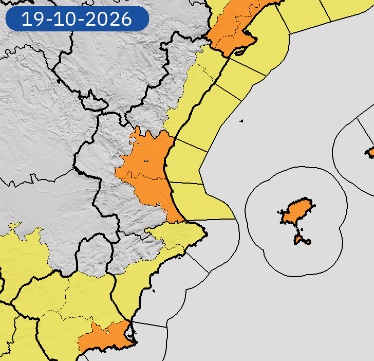 AEMET_CValencia's tweet photo. 19/10 11:24 AVISOS HOY Y MAÑANA | Comunitat Valenciana: lluvias, tormentas, vientos y costeros. Nivel máximo de aviso: naranja.
Actualizaciones en https://t.co/R3Fs2JzKgr https://t.co/UWaV9OITuB