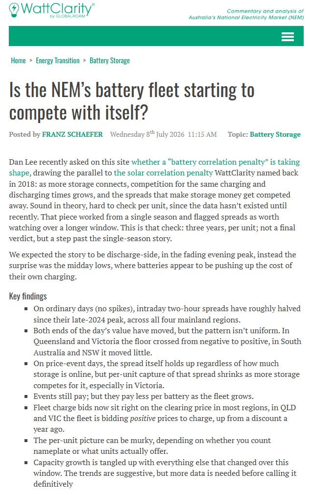 OskaArcher's tweet photo. The entirely unsurprising erosion of what new entrant grid batteries can expect to earn has come around shockingly fast... and before annual NEM share has even hit 2%. https://t.co/Pi6vqC6COa