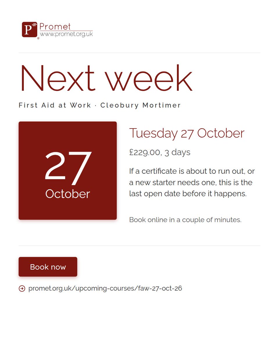 Promet_Training's tweet photo. Next week: First Aid at Work, Cleobury Mortimer, Tuesday 27 October. £229.00. Last open places:

https://t.co/zNS9P0CKdC

#FirstAidAtWork #CleoburyMortimer https://t.co/keVoDqk2pp