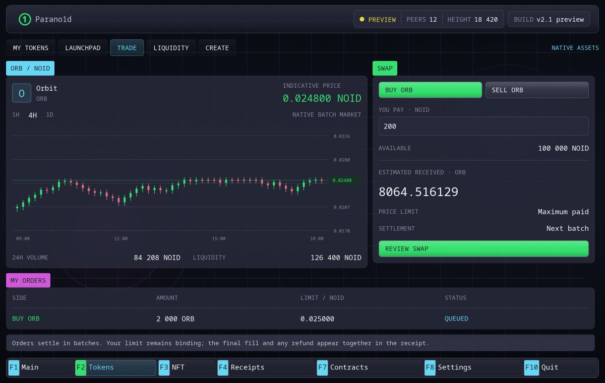 ignotus_nemo's tweet photo. Inside Parano1d v2.1...

An entire financial ecosystem, built into the existing proof-native L1. Native tokens backed by $NOID. Launchpad, bonding curves, DEX, liquidity pools, atomic swaps and NFTs. All inside the wallet.

No signatures. No EVM. No L2.

Every financial operation becomes part of a proven State transition, recursively verified all the way back to genesis.

One post-quantum proof stack. From ownership to execution to consensus.

We're not changing the architecture to build DeFi.

We're making it capable of DeFi in a post-quantum world.

https://t.co/zIqCUoT0Vu