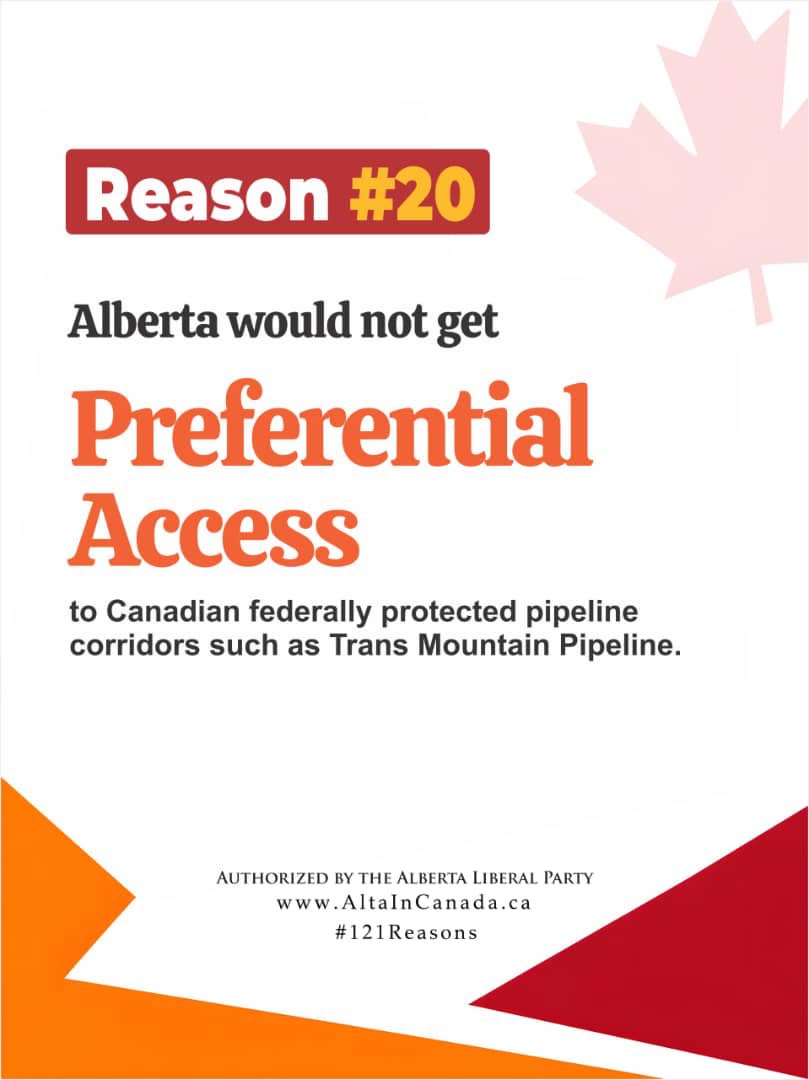 ABLiberal's tweet photo. There are more than 121 reasons to stay in Canada, but reason 20 is so obvious: don't we want to continue to have preferential access? #StayinCanada #abpoli #ableg #121Reasons #alta #AlbertaReferendum #ForeverCanadian #ablib #Alberta #yycliving #yegliving #savecanada https://t.co/dkjYf9FxQR