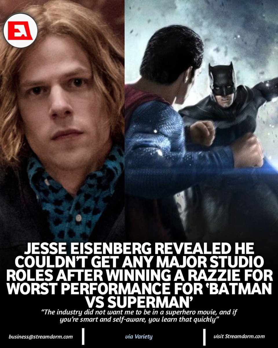 Streamdorm_'s tweet photo. Jesse Eisenberg revealed he couldn’t get any major studio roles after winning a Razzie for Worst Performance for ‘Batman vs Superman’.

“The industry did not want me to be in a superhero movie, and if you’re smart and self-aware, you learn that quickly.”

via Variety https://t.co/sbMBuq0e6u