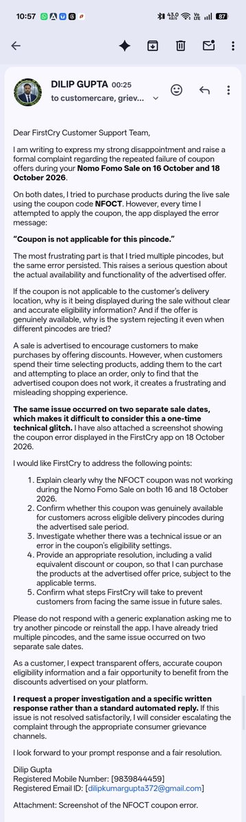 itzdkg's tweet photo. @FirstCryIndia's 'Nomo Fomo' sale feels like a huge scam! They advertise the 'NFOCT' coupon everywhere, but it gives a "Not applicable for this pincode" error at checkout. The Grievance Officer gave a generic, evasive reply instead of answering my valid questions.@jagograhakjago https://t.co/SadkhuUQs0