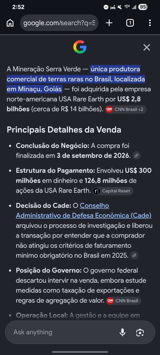 AugustoBatistaO's tweet photo. @CarlosAdolfoCG @Rafao2030 Esse papo de que o Flávio vai entregar o Brasil é pura propaganda. 

O próprio governo do Lula vendeu a maior e a principal mineralogia de terras raras do Brasil para os Estados Unidos. https://t.co/PDKhykp071