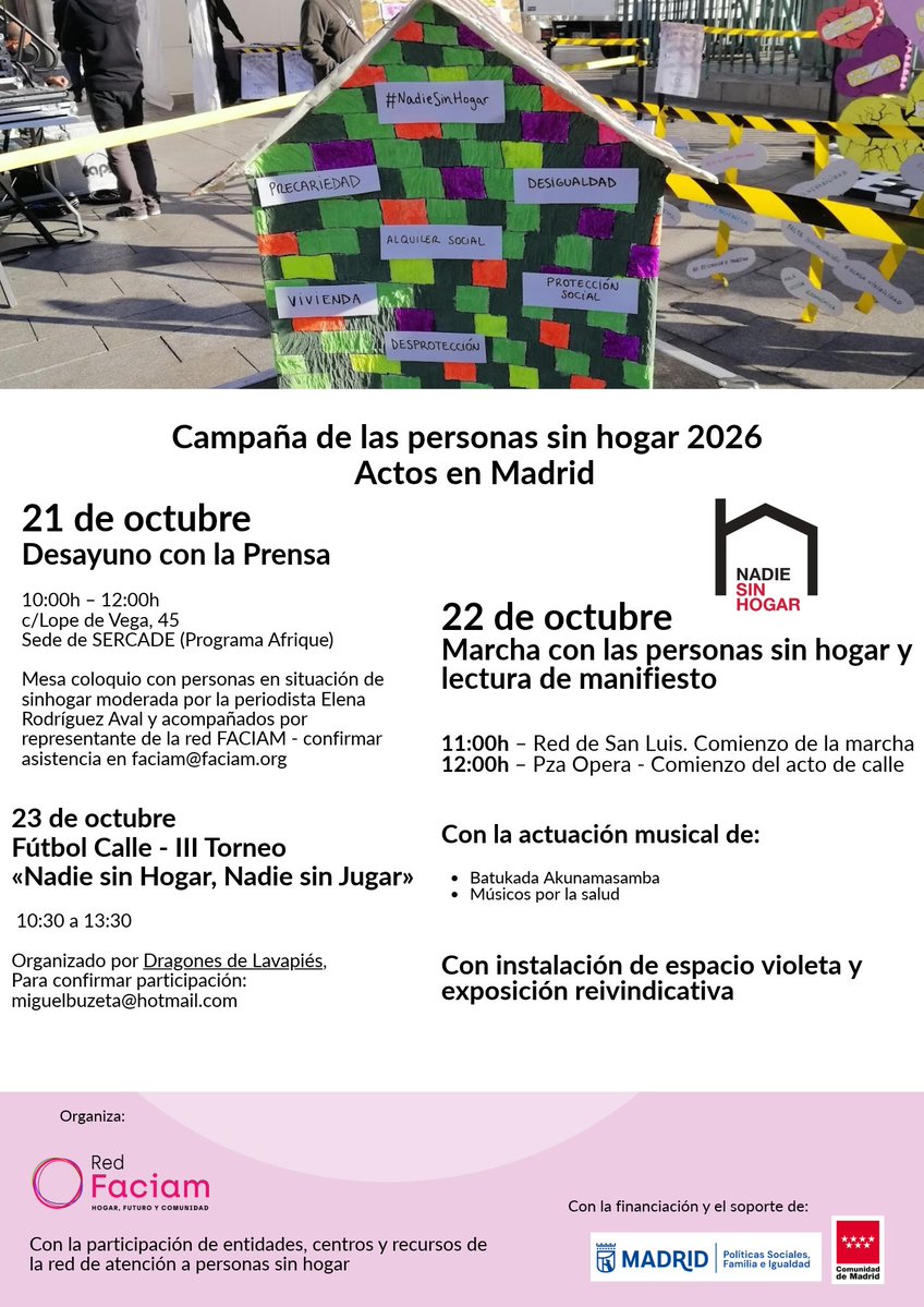 RedFACIAM's tweet photo. 📢¡¡¡Acompáñanos!!! el próximo 22 de octubre. Salimos a la calle con las #PersonasSinHogar . Porque un hogar es mucho más que un sitio donde vivir. Es un lugar al que pertenecer⚽️🎤👟
👉https://t.co/ZAErhBwZK9 https://t.co/xaeENdXuLB