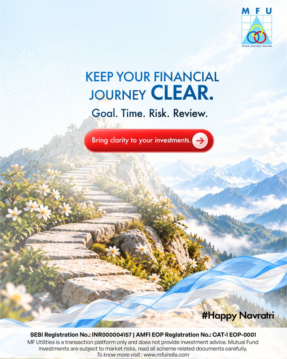 MF_Utilities's tweet photo. Keep your financial journey clear with the right goals, timely reviews, and a balanced approach to risk. Wishing you a Happy Navratri! 🙏🌸
#HappyNavratri #FinancialGoals #SmartInvesting #goMF @GR_2608 @dangra_manish @MailmeAnu05 https://t.co/SUZrT73G03