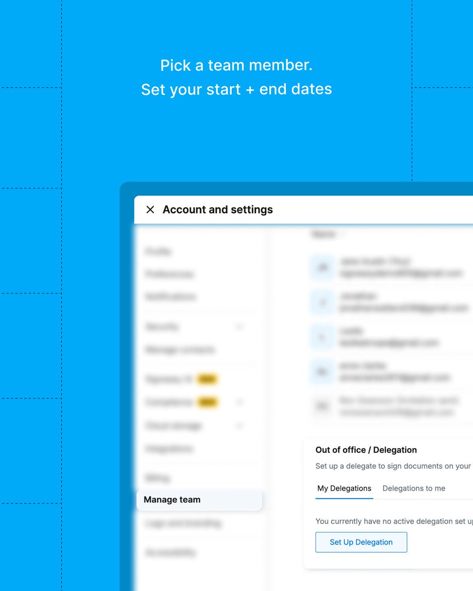 GetSigneasy's tweet photo. Approvals shouldn’t go on vacation when your teammate does. 🏖️

Delegate signing tasks to the right person and keep contracts moving, even when someone’s out of office. https://t.co/8QEGhynlE6
