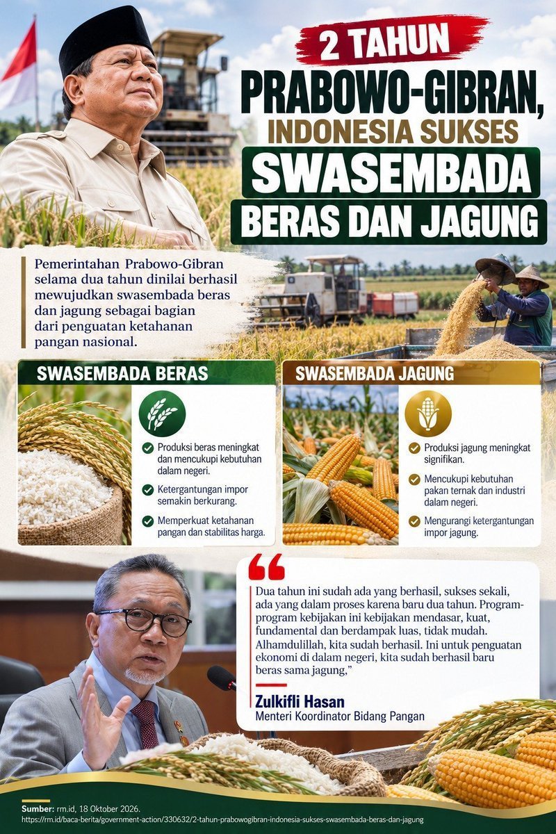 yeellowtrs's tweet photo. ketahanan pangan yang kuat dimulai dari kemampuan memenuhi kebutuhan pangan sendiri. swasembada beras dan jagung menjadi langkah positif menuju indonesia yang lebih mandiri. #2TahunKonkrit Presiden Solusi https://t.co/hM0NIiKqrF