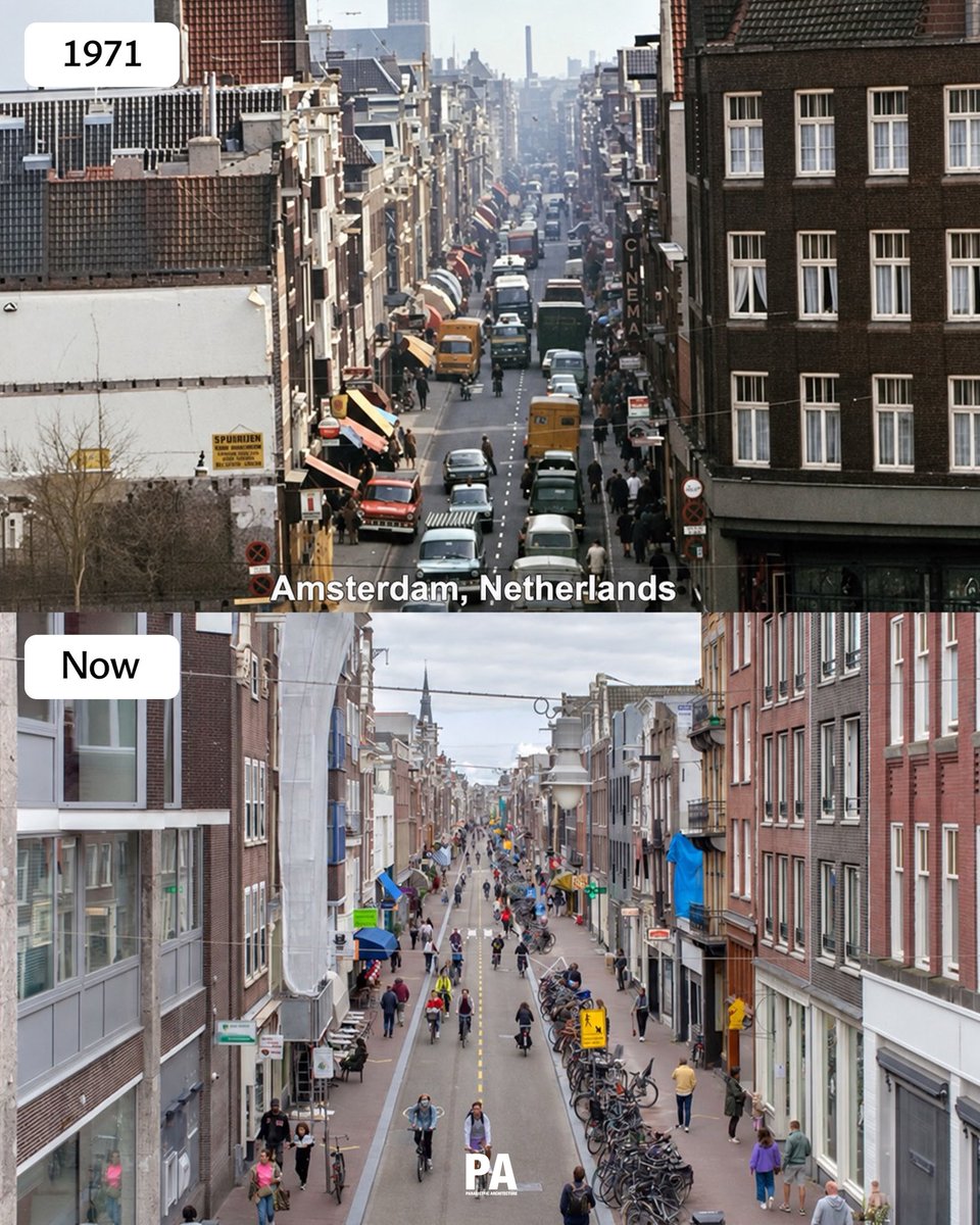 parametricarch's tweet photo. 🌿 What happens when cities give streets back to people?

These before-and-after images reveal the dramatic transformation of Amsterdam and Utrecht over the past few decades. During the 1960s–1980s, cars heavily shaped urban planning, with wide roads, extensive parking, and major traffic infrastructure occupying valuable public space.

🏆 Architecture Reimagined Competition: Redefine the future of architecture with AI and compete for a share of $120,000 in prizes.
https://t.co/lJHaZNliJE
