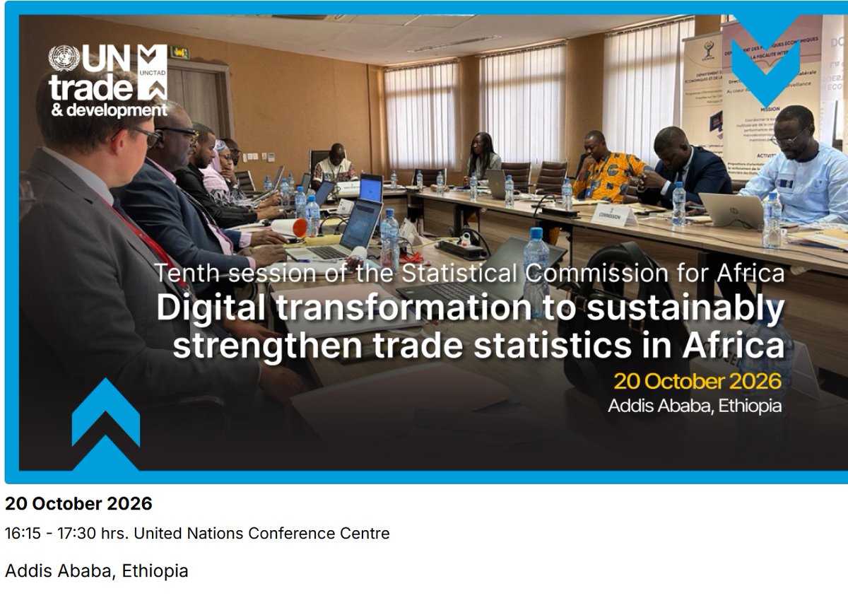 UNCTADinAfrica's tweet photo. 📊 Better trade data, better decisions.
Discover how #TiSSTAT and #MyACTA are supporting the digital transformation of trade statistics across Africa.
📍 Addis Ababa
📅 20 Oct 2026
🔗 https://t.co/d6kC8zHLPr
#SCA2026 #TradeStatistics @UNCTAD https://t.co/mUEFzKqF60