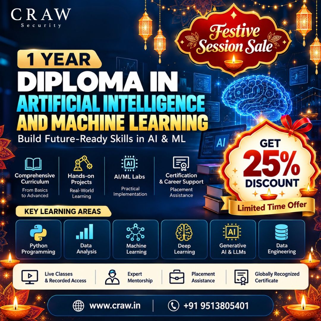crawsec's tweet photo. 🚀 Build your future in AI &amp; Machine Learning with Craw Security!

🎁 Get 25% OFF on the 1-Year AI &amp; ML Diploma.

💻 Hands-on Projects | Expert Mentorship | Placement Assistance
🔗 https://t.co/QiPeZmsywC
📞 +91 9513805401
#AI #MachineLearning #FestiveOffer https://t.co/DmnKsAftMj