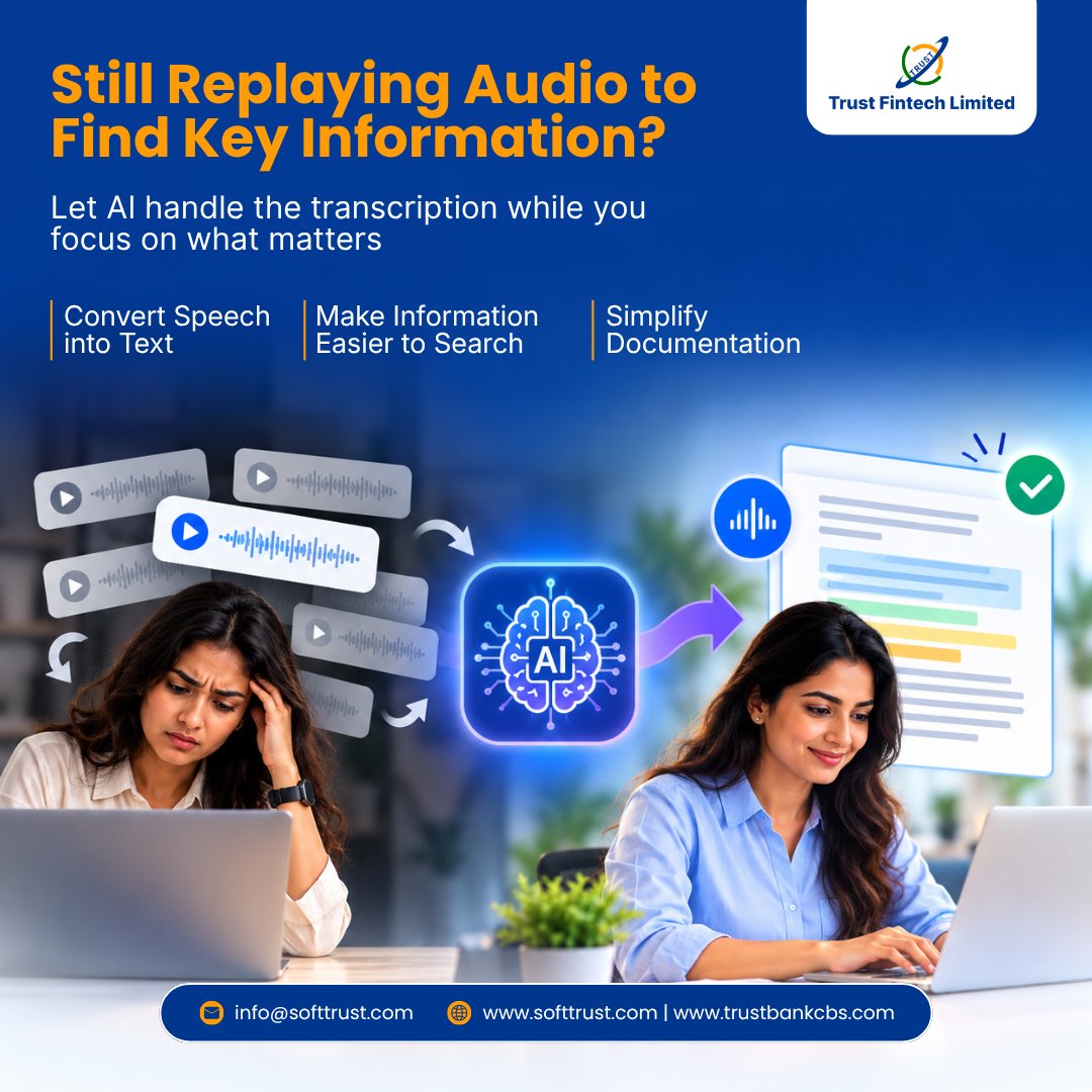 Trust_Fintech's tweet photo. ๐ง Your audio. Transcribed by AI. Ready to search!
Make information easier to access and documentation simpler with AI-powered audio transcription.
Explore smarter AI solutions with Trust Fintech Limited.
#TrustFintech #AudioToText #AIInnovation https://t.co/C325Flb0D6