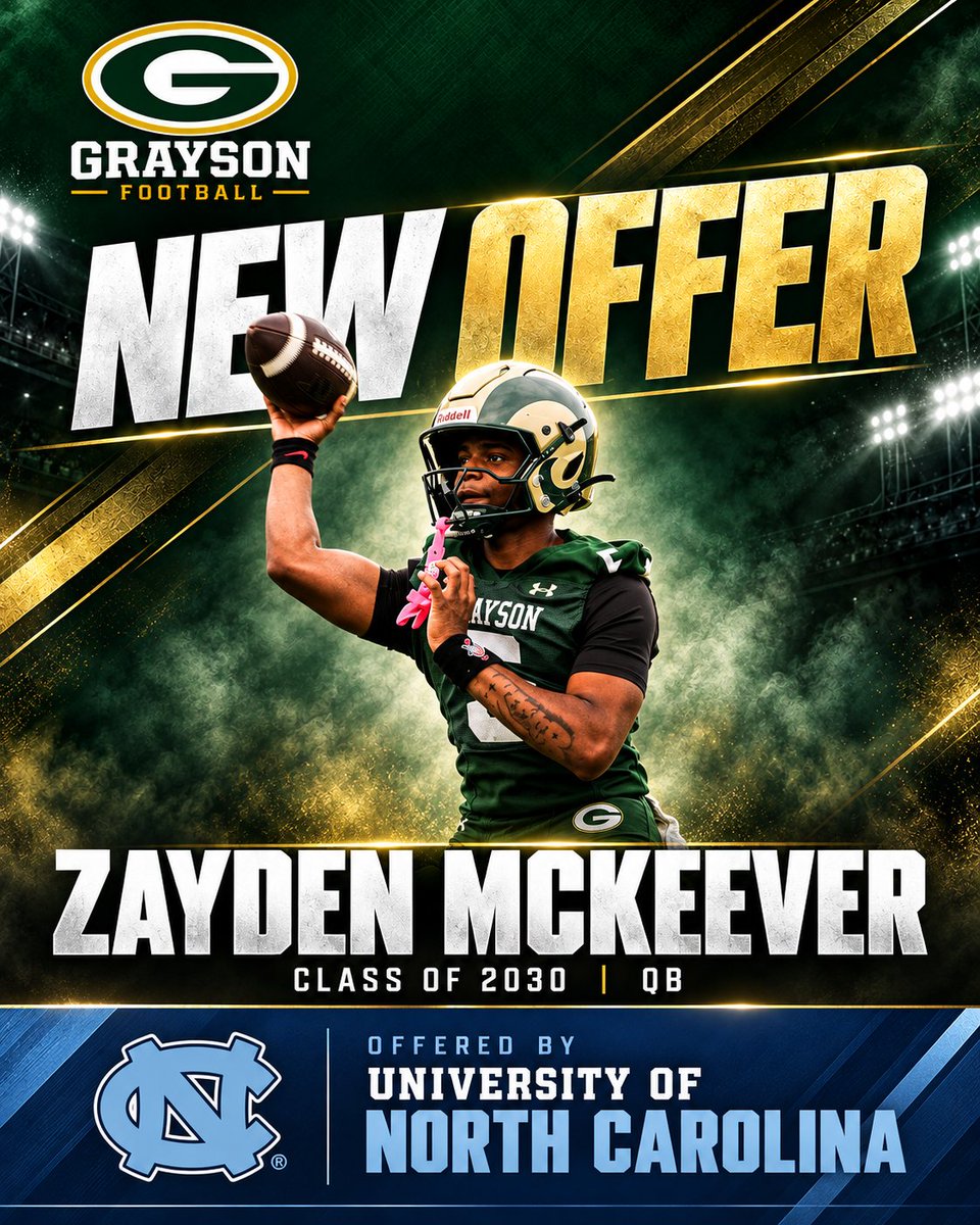 CoachGio33's tweet photo. 🔰 Ram Offer 🔰
2030 QB @ZayMckeever5 has received his first P4 offer from @UNCFootball! First of many to come, Zayden had a phenominal 9th grade season, leading the Rams 9th Grade Team to an undefeated season! #TheStandard @grayson_fb @Rivals_Recruits @MaxPrepsHSFB @RecruitGeorgia @247recruiting