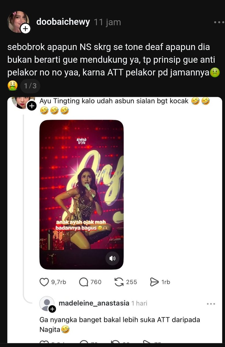 ayyalune's tweet photo. gue bukan belain nagita, tapi emang gak ada pembenaran buat kelakuan ayu ting ting dulu. dari nyumpahin rumah tangga raffi nagita bubar, ngatain janji suci rans jadi janji sucialan, sampe keluarganya ikut ngata-ngatain nagita. dia dulu emang jadi pelakor, cewe baik-baik ga bakal buka pintu buat suami orang 🤮