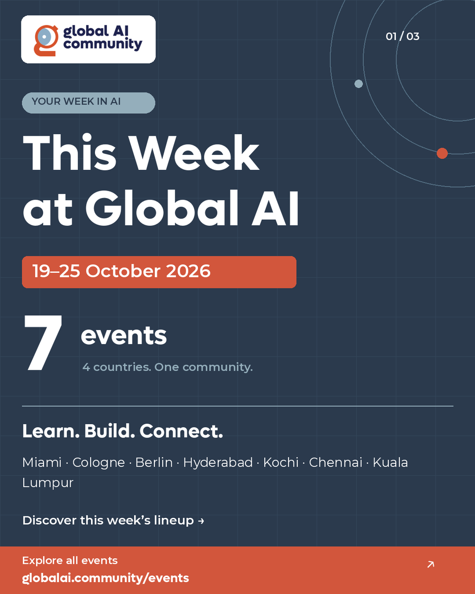 GlobAICommunity's tweet photo. This week, Global AI chapters are bringing people together across the United States, Germany, India and Malaysia.

👉 Explore the 19–25 October lineup and register for events with open registration: https://t.co/rYfpWpkTqD

Thank you to our chapter leads and organizers for the time and care you put into making these local communities possible.

#GlobalAICommunity #AICommunity