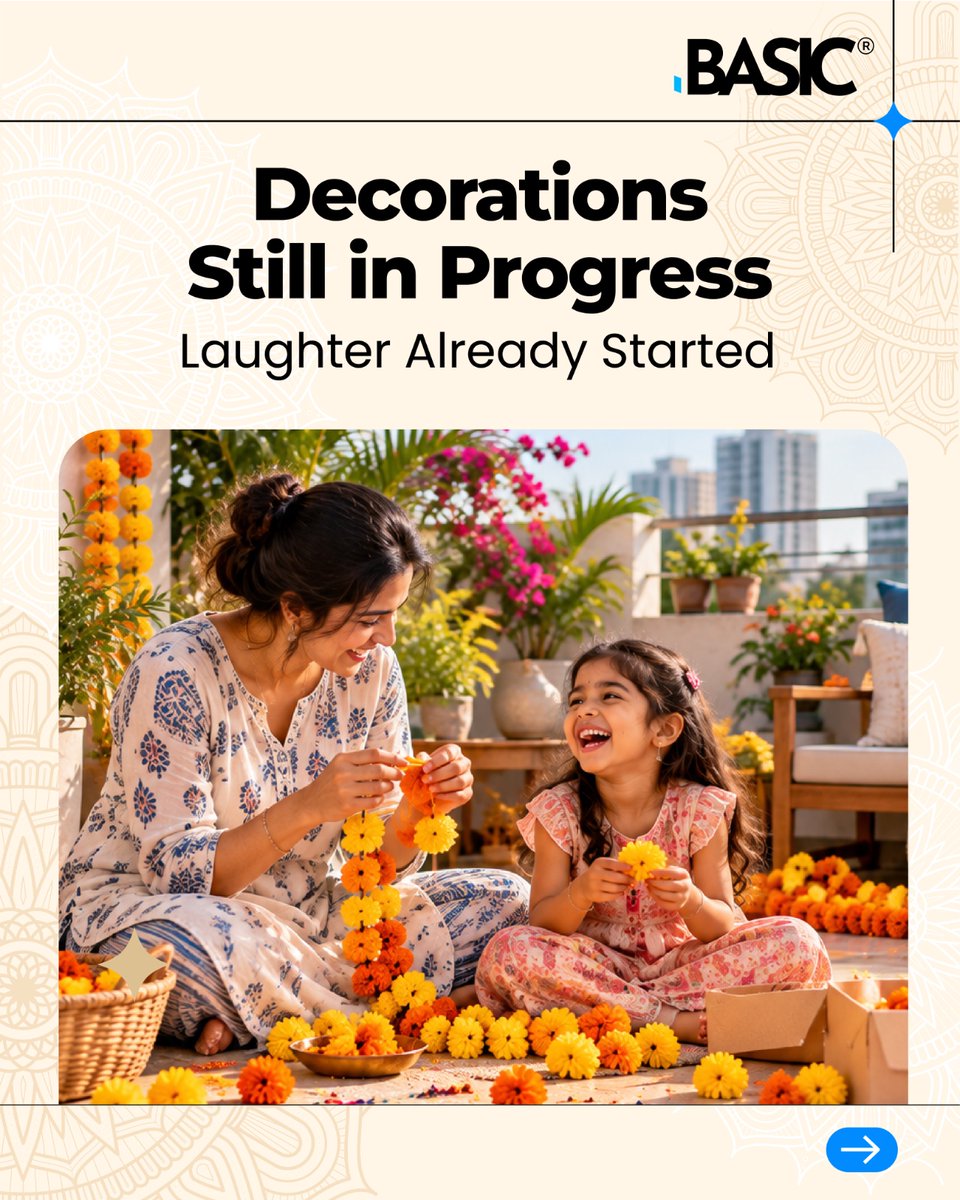 LoanBasic's tweet photo. Between the last-minute jugaad, endless family instructions, and someone asking where the tape went for the tenth time, a little festive magic finds its way home. 🪔✨

#ThatGharWaliFeeling #FestiveVibes #IndianHouseholds #GharKiRaunak #FestiveTogetherness #BASICHomeLoan https://t.co/yXetmUwVJP