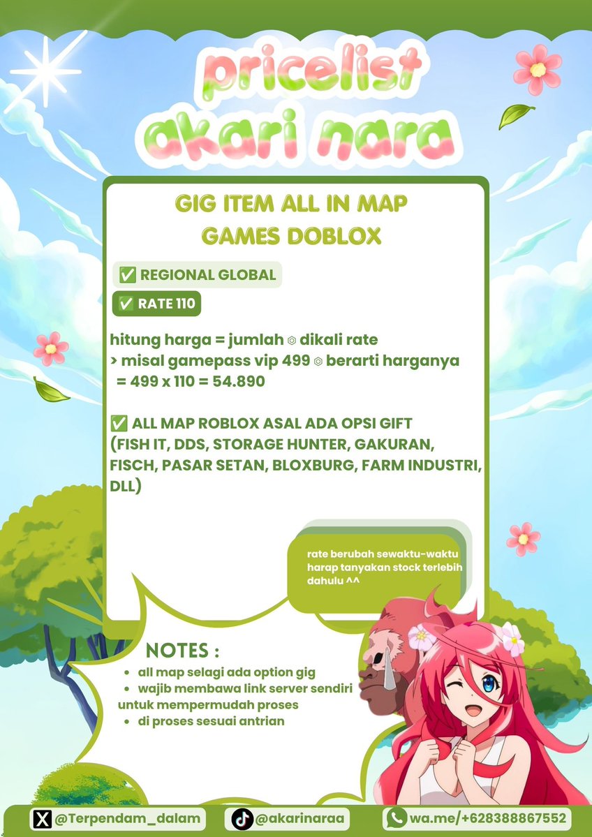 patput_'s tweet photo. ☀️ siang !!  𓈀  seller  pembaik  dengan  pelayanan  semanis cake 🧁 ◎ ⠲ butuh  apa? ayo  d i cek   ☘️ ◍

robux  visend  n  vilog , gig  item all in map games roblox ◍ . . ⊂⊃ fish it, fisch, the forge, cdid, gakuran, dds, evade pasar setan etc !  🍦👛 ⸝⸝ ⊹ 
#zonauang https://t.co/jfSxtg3Ku9
