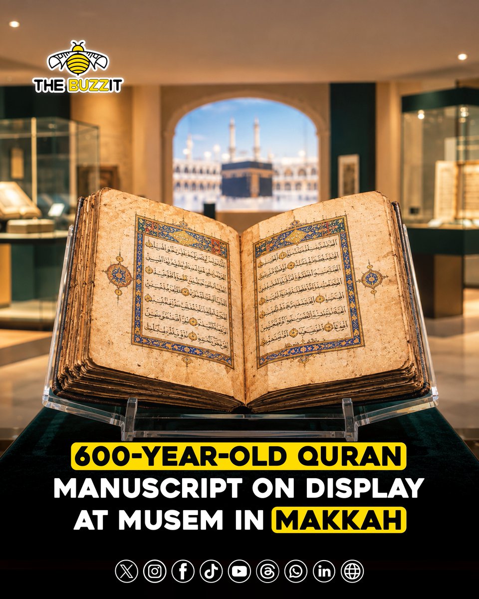 TheBuzzitGlobal's tweet photo. " 600-Year-Old QuranManuscript on Displayat musem in Makkah "

#Quran #Makkah #IslamicHistory #HolyQuran #IslamicHeritage

@TheBuzzItLive  @TheBuzzitGlobal 
#TheBuzzitLive #TheBuzzitGlobal #TheBuzzit #Buzzit https://t.co/trCXnZ5UCR
