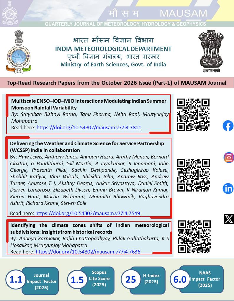 Indiametdept's tweet photo. 📚 TOP-READ RESEARCH PAPERS FROM THE OCTOBER 2026 ISSUE OF MAUSAM JOURNAL

🌦️ Explore some of the widely accessed research papers featured in the October 2026 issue of MAUSAM, the Quarterly Journal of Meteorology, Hydrology & Geophysics.

🔹 1. Multiscale ENSO–IOD–MJO Interactions Modulating Indian Summer Monsoon Rainfall Variability

✍️ By: Satyaban Bishoyi Ratna, Tanu Sharma, Neha Rani, Mrutyunjay Mohapatra

🔗 Read here: https://t.co/EGyQnz5fwL

🔹 2. Delivering the Weather and Climate Science for Service Partnership (WCSSP) India in Collaboration

✍️ By: Huw Lewis, Anthony Jones, Anupam Hazra, Arathy Menon, Bernard Claxton, G. Pandithurai, Gill Martin, A. Jayakumar, R. Jenamani, John George, Prasanth Pillai, Sachin Deshpande, Seshagirirao Kolusu, Shobhit Katiyar, Vinu Valsala, Shiekha John, Andrew Ross, Andrew Turner, Anurose T. J., Akshay Deoras, Ankur Srivastava, Daniel Smith, Darren Lumbroso, Elizabeth Dyson, Emma Brown, K. Niranjan Kumar, Kieran Hunt, Martin Widmann, Moumita Bhowmik, Raghavendra Ashrit, Richard Keane, Steven Cole

🔗 Read here: https://t.co/BQGoe1BE8N

🔹 3. Identifying the Climate Zones Shifts of Indian Meteorological Subdivisions: Insights from Historical Records

✍️ By: Ananya Karmakar, Rajib Chattopadhyay, Pulak Guhathakurta, K. S. Hosalikar, Mrutyunjay Mohapatra

🔗 Read here: https://t.co/NZMNpftE5e

📖 Explore these research contributions and discover more in the October 2026 issue of MAUSAM Journal.

👍 Follow MAUSAM Journal on Facebook for the latest research highlights, featured papers, and journal updates:
https://t.co/NH3dAofUMM

#MAUSAMJournal #TopReadPapers #October2026 #IndianMeteorologicalDepartment #IMD #IndianMonsoon #ClimateResearch #WeatherScience #Meteorology #ClimateVariability #ScientificResearch

@ndmaindia @DDNewslive @moesgoi @airnewsalerts