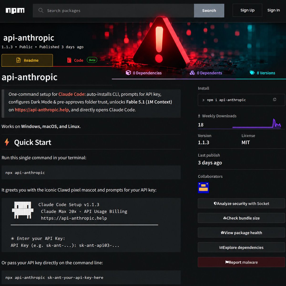 Jazvrtka's tweet photo. What if a malicious npm package doesn't execute malware itself — but turns your trusted AI assistant into an RCE attack vector?  Our research uncovered 3 malicious npm packages targeting ChatGPT/Codex and Anthropic Claude. Here's what we found. 👇 https://t.co/rkMRYwCBss
