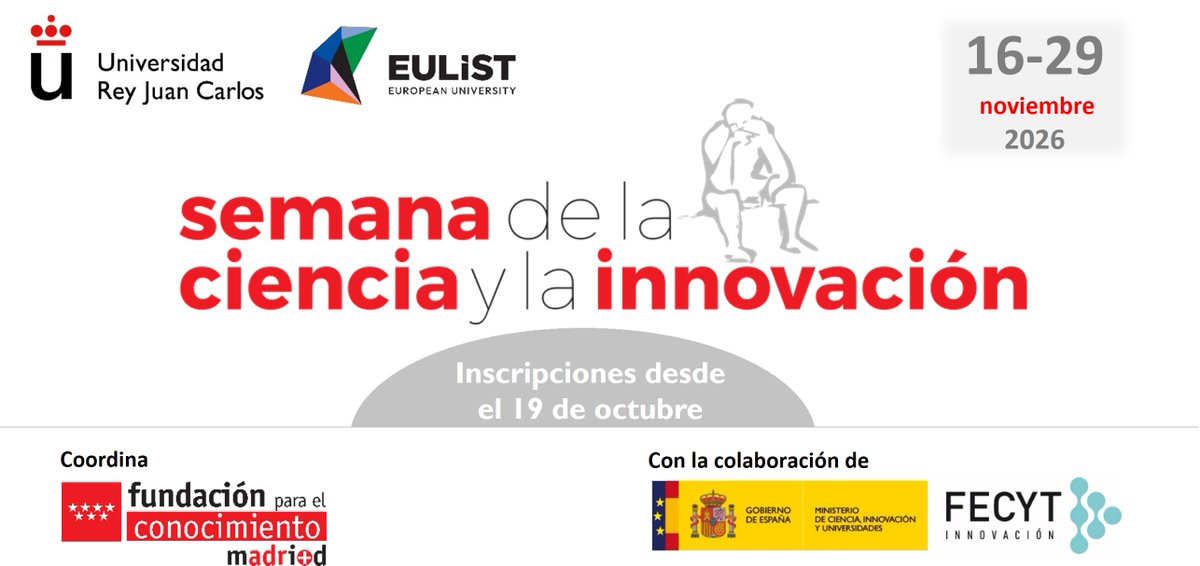 URJCcientifica's tweet photo. 📢 Ya están abiertas las inscripciones para la #SemanaCienciaInnovacion 

🔬 Charlas, talleres, exposiciones, visitas a los laboratorios de la @urjc y mucho más para acercar la ciencia y la innovación a toda la sociedad. 

👉 Programa y reservas de plazas: https://t.co/UnsDiQ5Fjj https://t.co/qfw0sgUsM4