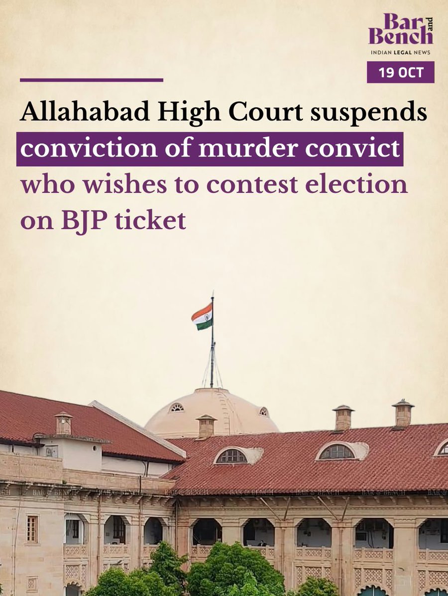 barandbench's tweet photo. Allahabad High Court suspends conviction of murder convict who wishes to contest election on BJP ticket

Read here: https://t.co/kiWea8PGoD https://t.co/Y4T3KFkU5G