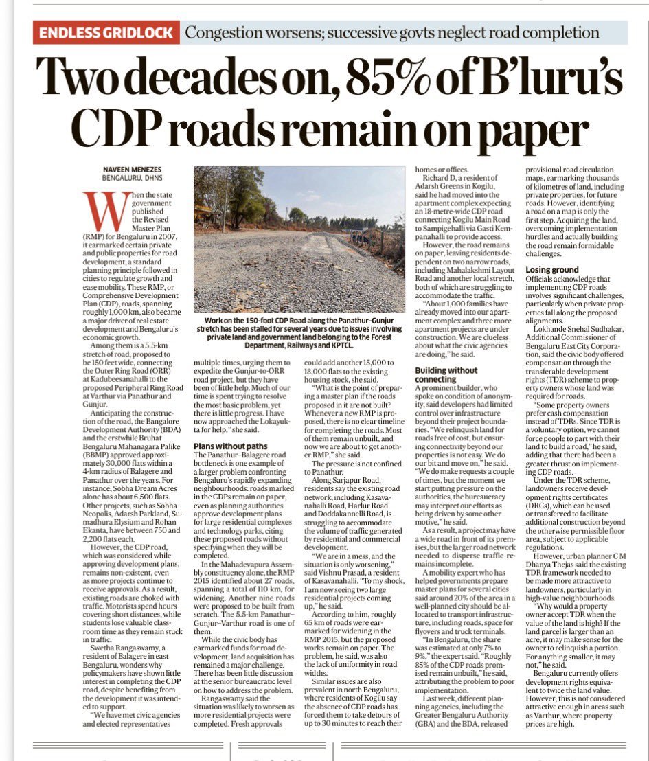 Maheshbr4U's tweet photo. ●CDP Roads, 85 % of which are only on Paper, vide @DeccanHerald report,  are creating a big mess in #Bengaluru esp in areas of Panathur,  Varthur, Balagere, Gunjur etc around Whitefield & Sarjapura Road, Anekal etc.
●Beware #Residential Apartment /Property buyers , on new Apartment projects, being built based on this Paper CDP Roads. 
●These CDP Roads will never be made as rampanat encroachments & complicated legal system are delaying acquisitions for decades & Road plan will get dropped subsequently.
●It's hightime @GBA_office shall stop giving building approvals based on non-existent CDP Roads
📸: @naveenmzs