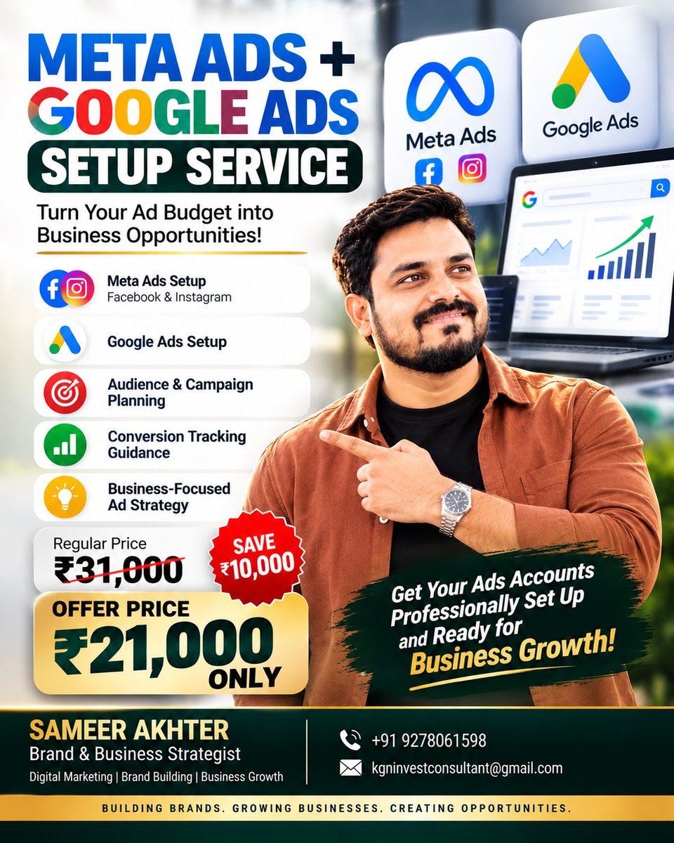 SameerAkhterIn's tweet photo. 🚀 META ADS + GOOGLE ADS SETUP SERVICE

✅ Meta Ads Setup
✅ Google Ads Setup
✅ Audience &amp; Campaign Planning
✅ Conversion Tracking

💰 ₹31,000
🔥 Offer: ₹21,000 (Save ₹10,000)

Aaj hi connect karein!
📞 +91 9278061598

#MetaAds #GoogleAds #DigitalMarketing https://t.co/vj0UbXAI6A