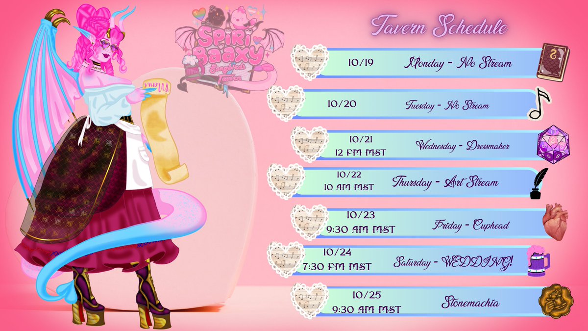 SongbirdsTavern's tweet photo. 10/19-No Stream
10/20-No Stream
10/21-12 PM MST Dressmaker
10/22-10 AM MST Art Stream
10/23-9:30 AM MST Cuphead
10/24-No Stream (Going to a Wedding!)
10/25-9:30 AM Stonemachia
#art #Dressmaker #Stonemachia #Cuphead #ragegame #artdesign #halloweencostume https://t.co/vcZ8kdYMnk