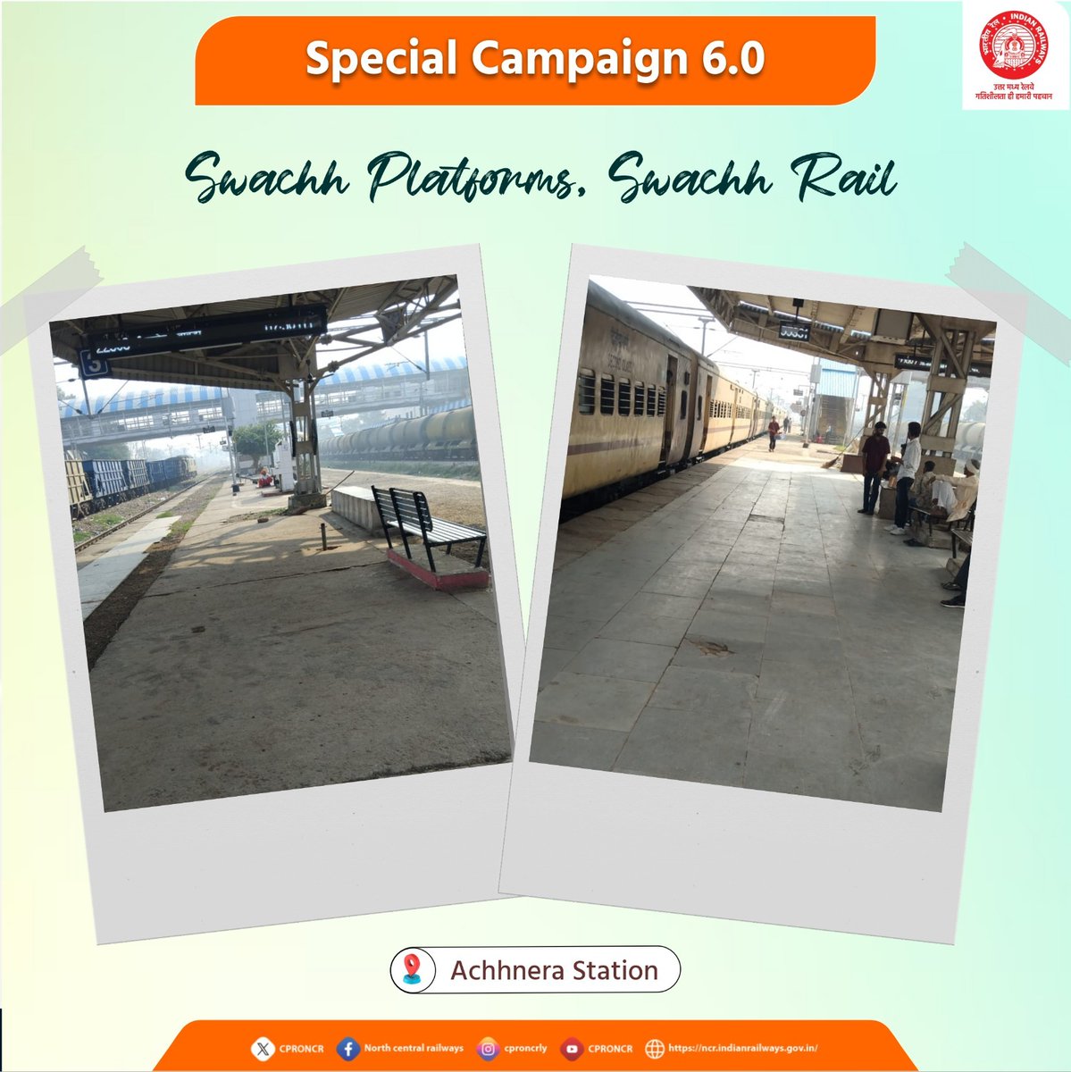 CPRONCR's tweet photo. A Clean Platform Makes Every Journey Better! 🚉

Cleanliness maintained at Achhnera Station under Special Campaign 6.0. Let’s keep our platforms clean and dispose of waste in dustbins. 

@PMOIndia @RailMinIndia @AshwiniVaishnaw @DARPG_GoI @moefcc 

#SpecialCampaign6.0 #SwachhtaPakhwada #SwachhRail #NCRailway