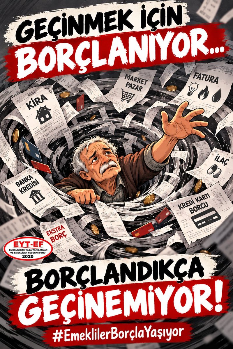 ArzuLastikci's tweet photo. EMEKLİ
👇
#EmeklilerBorçlaYaşıyor

Maaş yetmiyor.
Borç büyüyor.
#Emekli tükeniyor.

Maaş cüzdana girmeden borca gidiyor. Kira ödenmemiş, sofrası eksik, ilaçları ertelenmiş, faturalar birikmiş. 

Emekliler borçla yaşıyor.

#5000KısmiBorçlaYaşıyor
@RTErdogan
@isikhanvedat https://t.co/JV3sHRLrYg