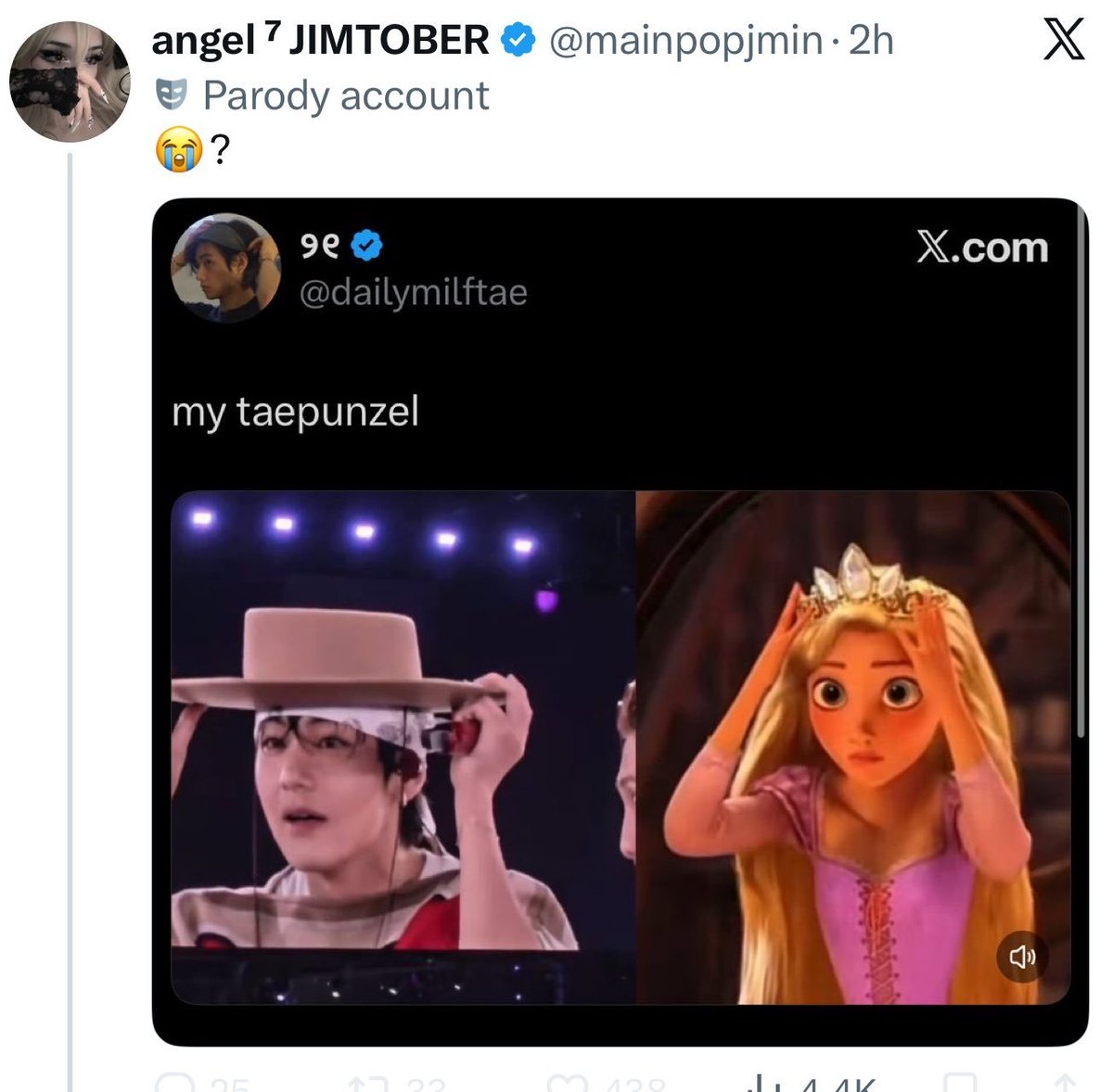 xotaen's tweet photo. en populer disney karakterleri rapunzeli sahiplenmeleri gercek mi hem de cirkin domuz suratlı bir erkek icin 😭 yıllardır #taepunzel lakabımızla tweet atıyoruz k-army'ler jest ve mimikleriyle taehyung x rapunzel trendini baslatmıstı taehyung'u jm cirkinine benzetmek hakaret olur https://t.co/mk9HmzwaE2