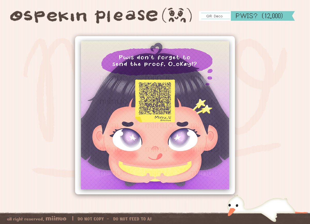 miinuo's tweet photo. ⠀⠀
%. Help repost / any interaction are appreciated 🦆✨

o_OsPeK (❗️) #zonauang #bealanja
Minu punya qr deco baru lagi, tolong bantu ospek ya O//O . . karakternya masih bisa direkues sesuai kemauan kalian nantinya, textnya juga ;3 

(+alt untuk menjadi kinci)
⠀⠀ https://t.co/Yhxq1891jm