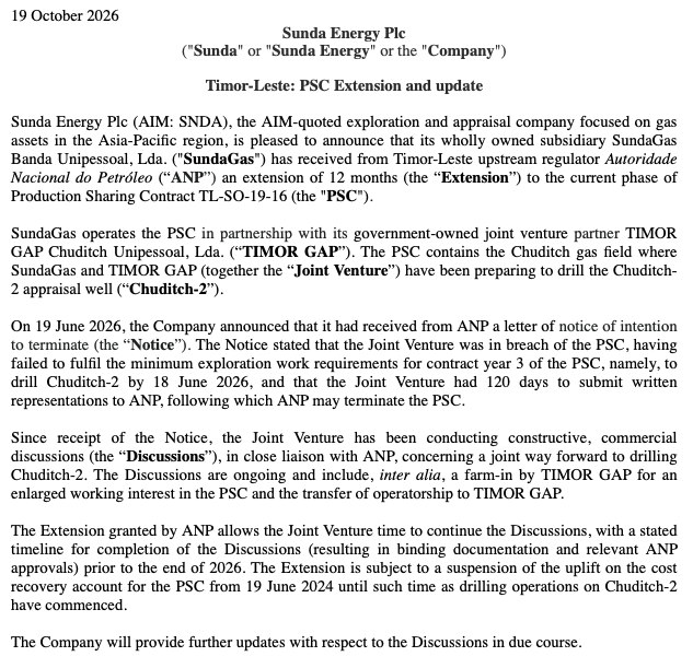 rnsbrief's tweet photo. #SNDA has secured another 12 month extension to its Chuditch PSC, following the earlier threat of termination over delays to drilling Chuditch-2.
Definitely an excellent news for shareholders, but I also think it's worth looking back at last year's agreement.
In April 2025, Sunda agreed to reduce its stake from 60% to 30%, with TIMOR GAP covering most of the drilling costs, while Sunda retained operatorship.
That deal fell through due to issues related to securing helicopter support. This ultimately prevented the rig contract from being finalised.
Today's RNS also confirms that Sunda is back in discussions with TIMOR GAP over increasing its stake in Chuditch, but this time a transfer of operatorship is also on the table.
I believe repeated delays and threat of losing the PSC might have weakened Sunda's negotiating position.
It would be interesting to see how much sacrifice #SNDA might have to do this time to get the well drilled.