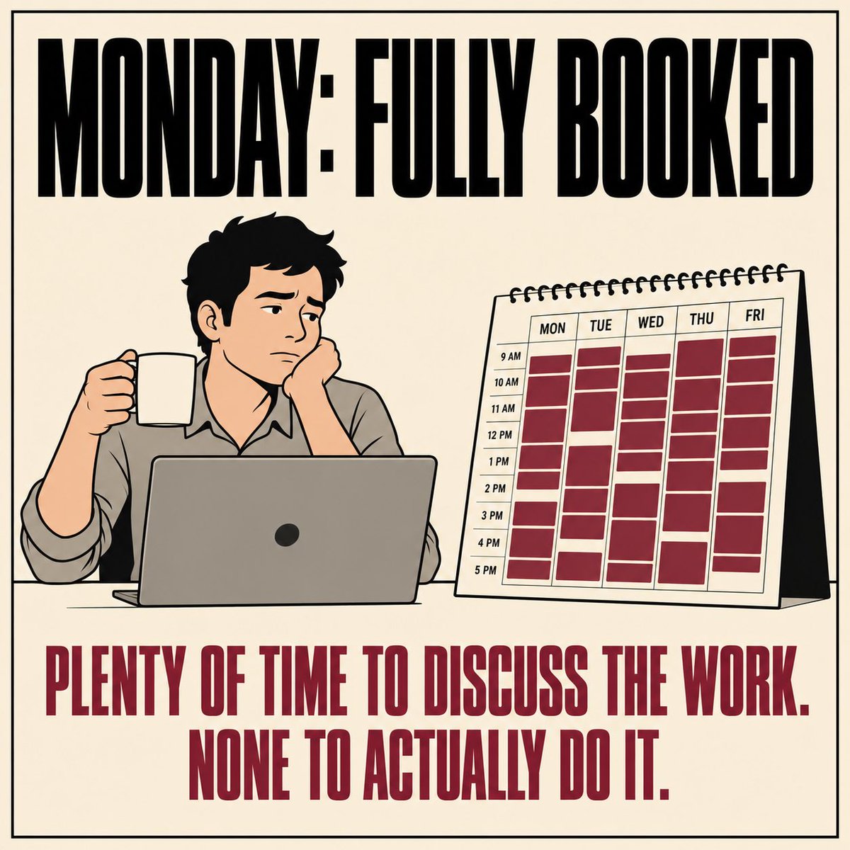 MartinL99241094's tweet photo. Monday’s plan: write some code.

Monday’s calendar:
Stand-up.
Planning.
Alignment.
A quick sync.
A meeting about delivery.

Tuesday’s question: “Why hasn’t development started?”

How’s your calendar looking? 😂 https://t.co/k90sqPbjoz