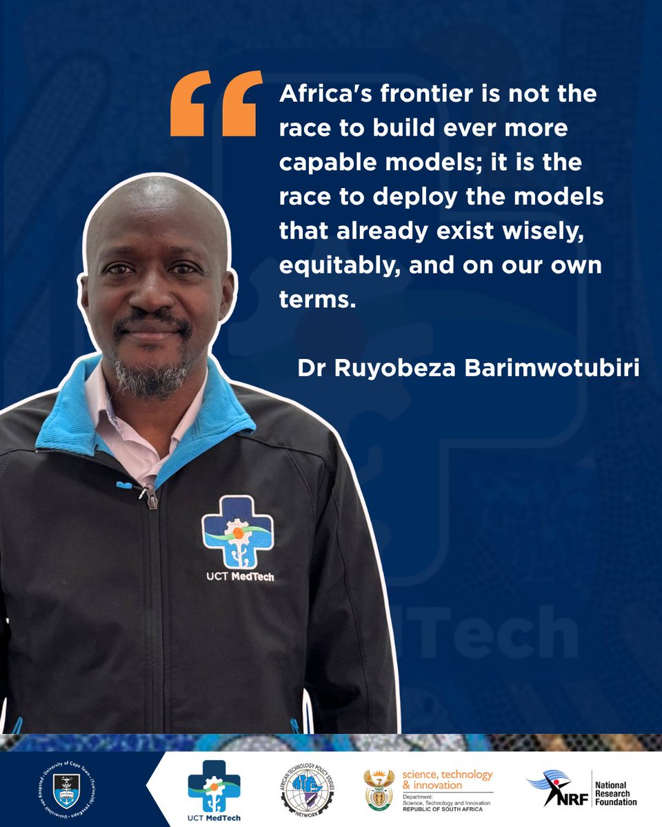UCTMedTech's tweet photo. 𝐀𝐧 𝐀𝐟𝐫𝐢𝐜𝐚𝐧 𝐑𝐞𝐬𝐩𝐨𝐧𝐬𝐞 𝐭𝐨 𝐭𝐡𝐞 𝐆𝐥𝐨𝐛𝐚𝐥 𝐀𝐈 𝐒𝐚𝐟𝐞𝐭𝐲 𝐃𝐞𝐛𝐚𝐭𝐞

Congratulations to Dr Ruyobeza Barimwotubiri of BMERC/UCT MedTech on his article in the September 2026 issue of Technopolicy Africa, the ATPS newsletter.

In "Pacing AI for Purpose", he makes the case that Africa should regulate AI by its purpose and impact. He calls for fast tracking AI that saves lives and livelihoods, and for care wherever citizens face real risk.

Read the article on page 4 of Issue 31: https://t.co/uSqdSWQPBH

#BMERC #UCTMedTech #ATPS #TechnopolicyAfrica #AIPolicy #ResponsibleAI #AfricanInnovation

@SudeshSivarasu
@UCT_news
@NRF_News
@UCTHealthSci
@dstigovza