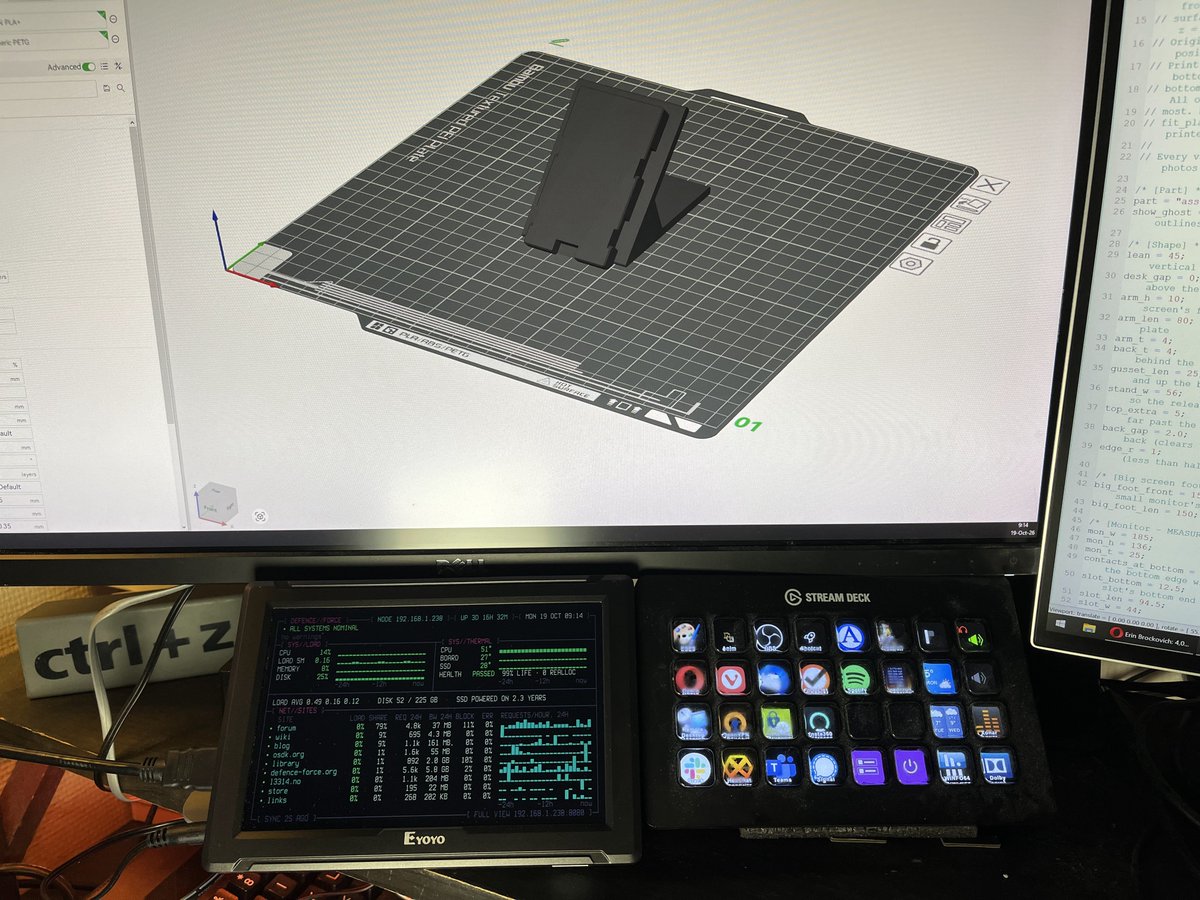 DefenceForceOrg's tweet photo. 3D printing is not magic, but it's very handy!

Now the control monitor fits under the screen and follows the angle and shape of the Stream Deck.

The sticking HDMI and power cables are not ideal, but good enough for now! https://t.co/tgITAyteia