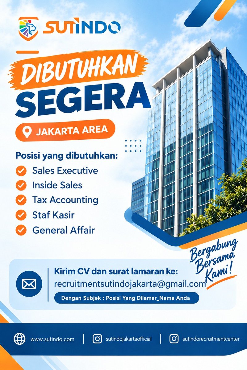 suryachris7's tweet photo. 🚨 LOWONGAN KERJA JAKARTA AREA!

SUTINDO membuka kesempatan berkarier untuk posisi:
• Sales Executive
• Inside Sales
• Tax Accounting
• Staf Kasir
• General Affair

📩 Kirim CV ke recruitmentsutindojakarta@gmail.com
#LokerJakarta #InfoLoker #LowonganKerja https://t.co/YnhVhRilnj