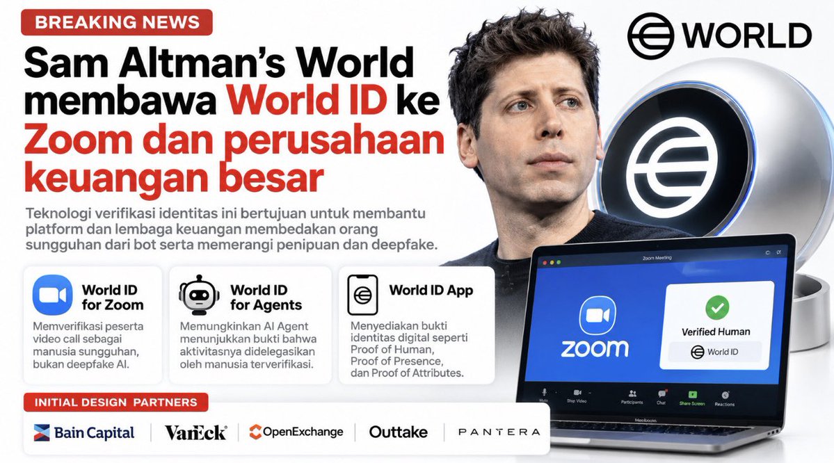 DombaEth27's tweet photo. BREAKING: Sam Altman World $WLD membawa World ID ke Zoom dan sektor keuangan.

World (@worldnetwork) resmi meluncurkan World ID for Banking & Finance dengan teknologi yang dirancang untuk membedakan manusia asli dari Bot, AI Agent, dan deepfake.

Beberapa perusahaan yang terlibat sebagai design partners: termasuk Bain Capital (@BainCapital), VanEck (@vaneck_us) dan Pantera Capital (@PanteraCapital).

Di tengah pesatnya perkembangan AI ?
identitas manusia terverifikasi berpotensi menjadi infrastruktur penting bagi masa depan internet.

$WLD mulai memiliki use case yang semakin luas.