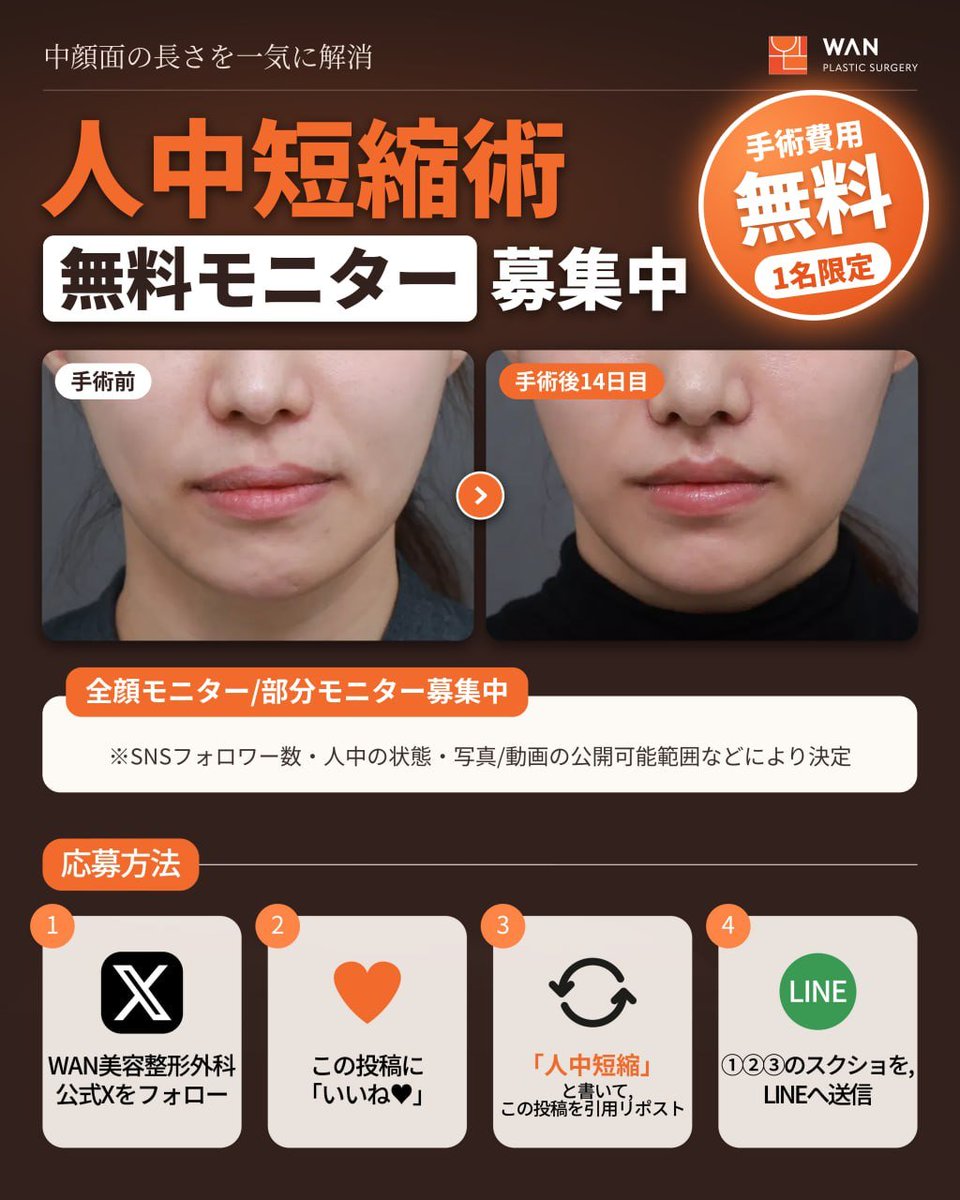 wanofficial_jp's tweet photo. WAN美容整形外科から 【人中短縮無料モニター】を大募集🎶

🧡 人中が長く、面長に見える
🧡 中顔面を短く見せたい
🧡 傷跡を最小限に抑えたい

人中短縮を無料で受けられるチャンス！
1名様限定で募集いたします✨🍊

🚩応募方法 
① @wanofficial_jp をフォロー
② この投稿に【いいね】🧡
③ 「人中短縮」と書いて、この投稿を引用リポスト 
④ ①〜③のスクリーンショットをLINEに送信📤
⑤ LINEでお手続き後応募完了！

※SNSのフォロワー数や人中の状態、写真・動画の公開範囲などを考慮して選考いたします。

たくさんのご応募をお待ちしています！⸝⸝ ★

#人中短縮 #人中縮小 #無料モニター