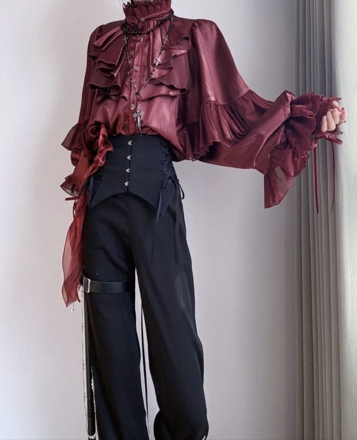 crimsonheirloom's tweet photo. burgundy ruffle blouses paired with tailored black trousers for a dark romantic look https://t.co/HiZ7tzmbTh