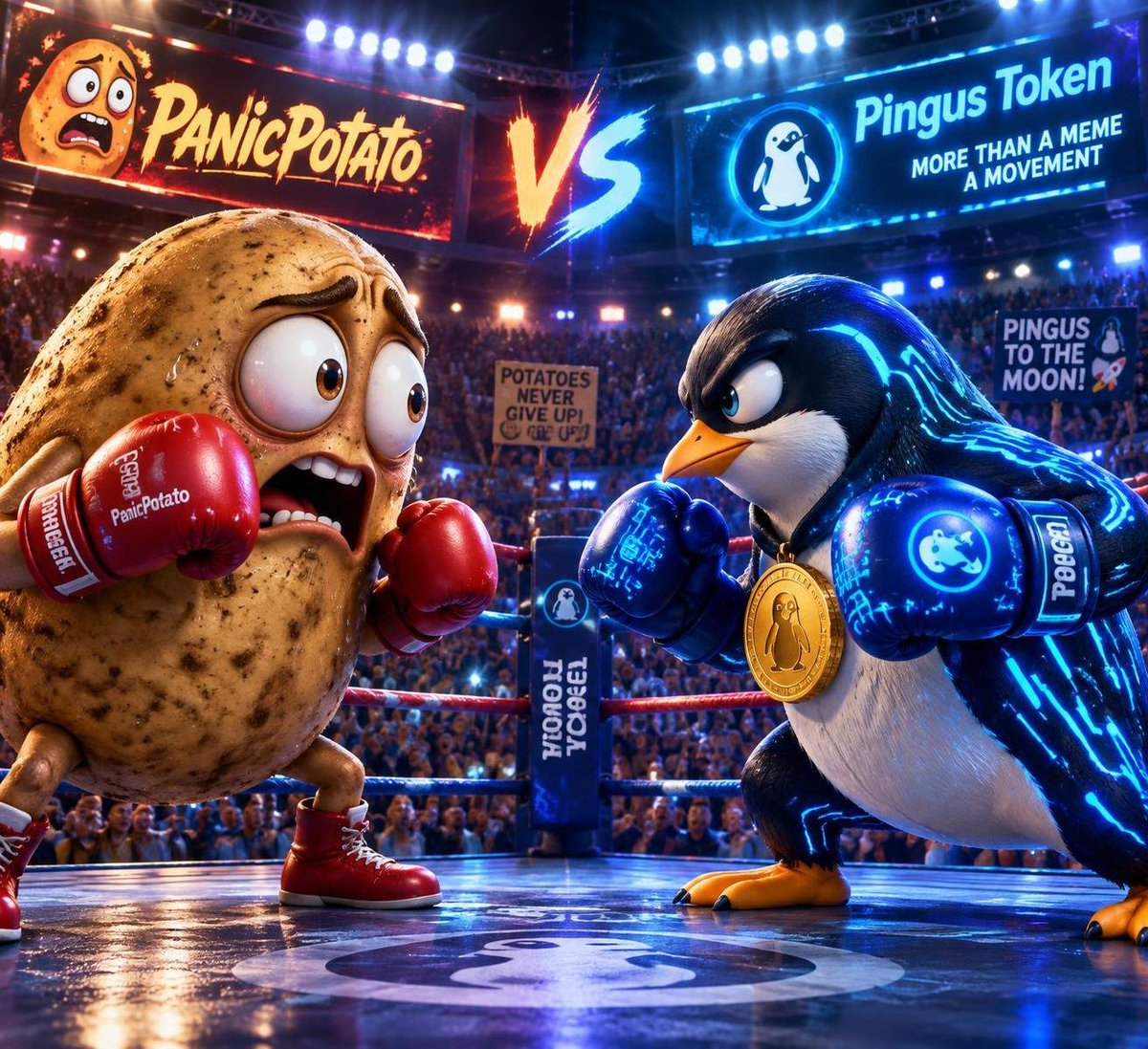 PanicPotatto's tweet photo. 🥔🥊 PANICPOTATO vs 🐧 PENGUINS

The meme ring is OPEN! 🔥

One ring. Two armies. Who wins? 😂

The Potato Army is ready. Who’s next? 🥊

LET THE MEME WARS BEGIN! 🚀 https://t.co/p0t97eBqx3