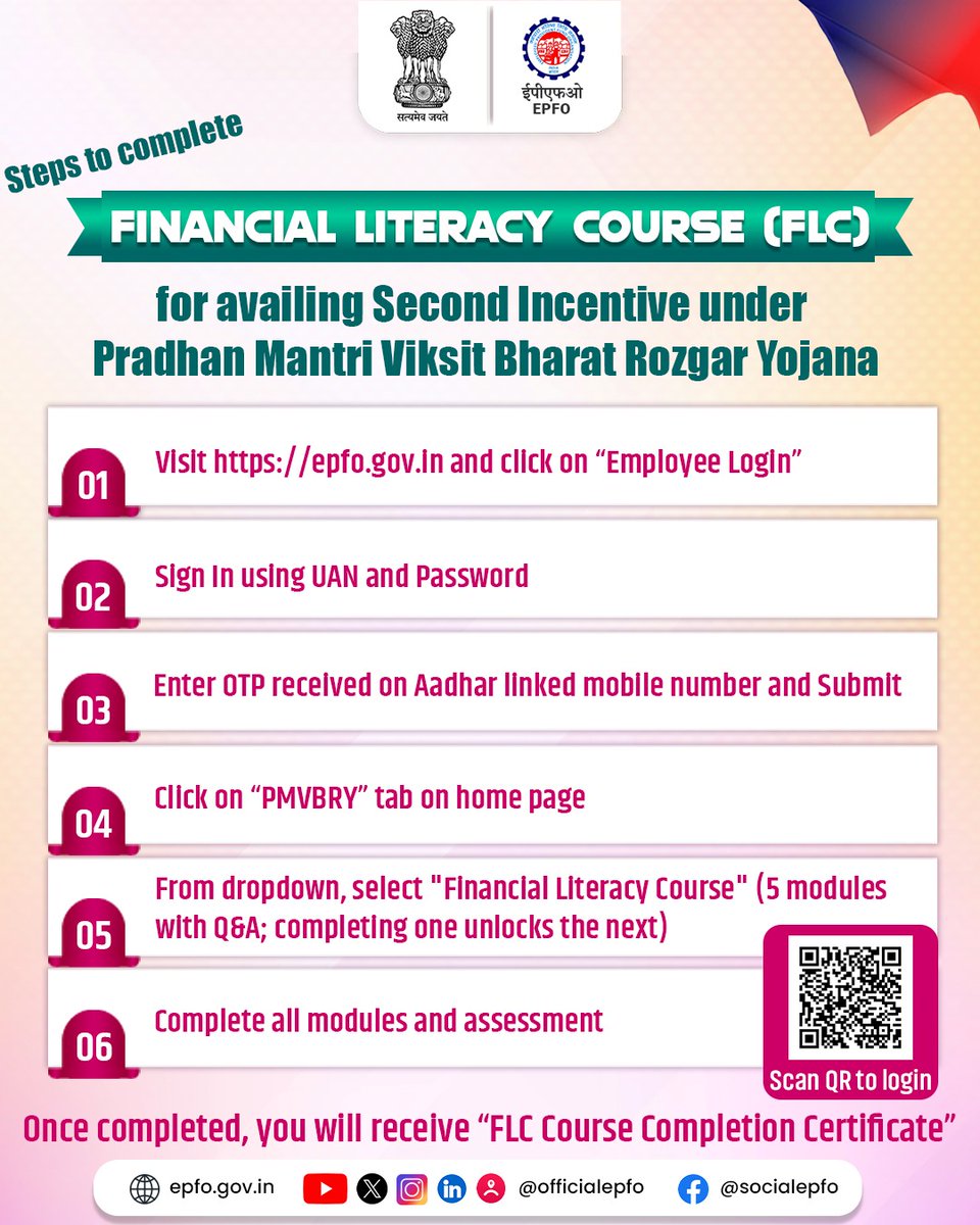 officialepfo's tweet photo. 🎯 Unlock Your 2nd Incentive with Simple Steps!

Complete Financial Literacy Course under #PradhanMantriViksitBharatRozgarYojana with our quick guide.

 #EPFO #FinancialLiteracy https://t.co/cu7F3zXANy