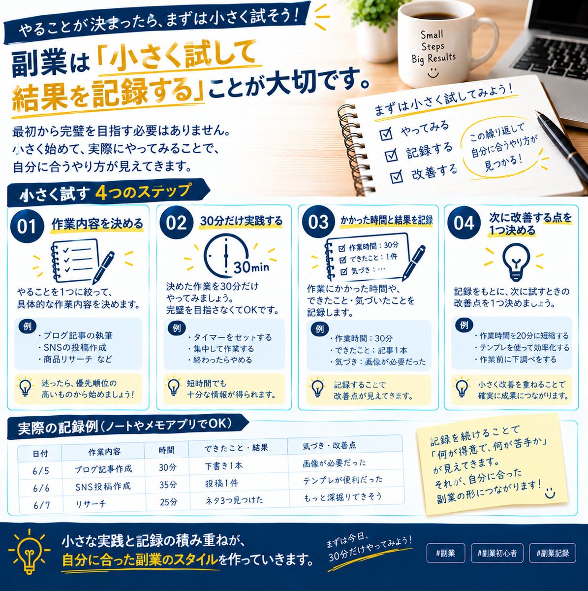 sideincome_sys's tweet photo. 副業でやることを決めたら、まず小さく試します。

①作業内容を決める ②30分だけ実践する ③かかった時間と結果を記録 ④次に改善する点を1つ決める
最初から正解を探すより、実践して検証する。
この繰り返しで、自分に合う副業の進め方を見つけていきます。
#副業 #副業初心者 #副業記録 https://t.co/tJMKEGaQNJ