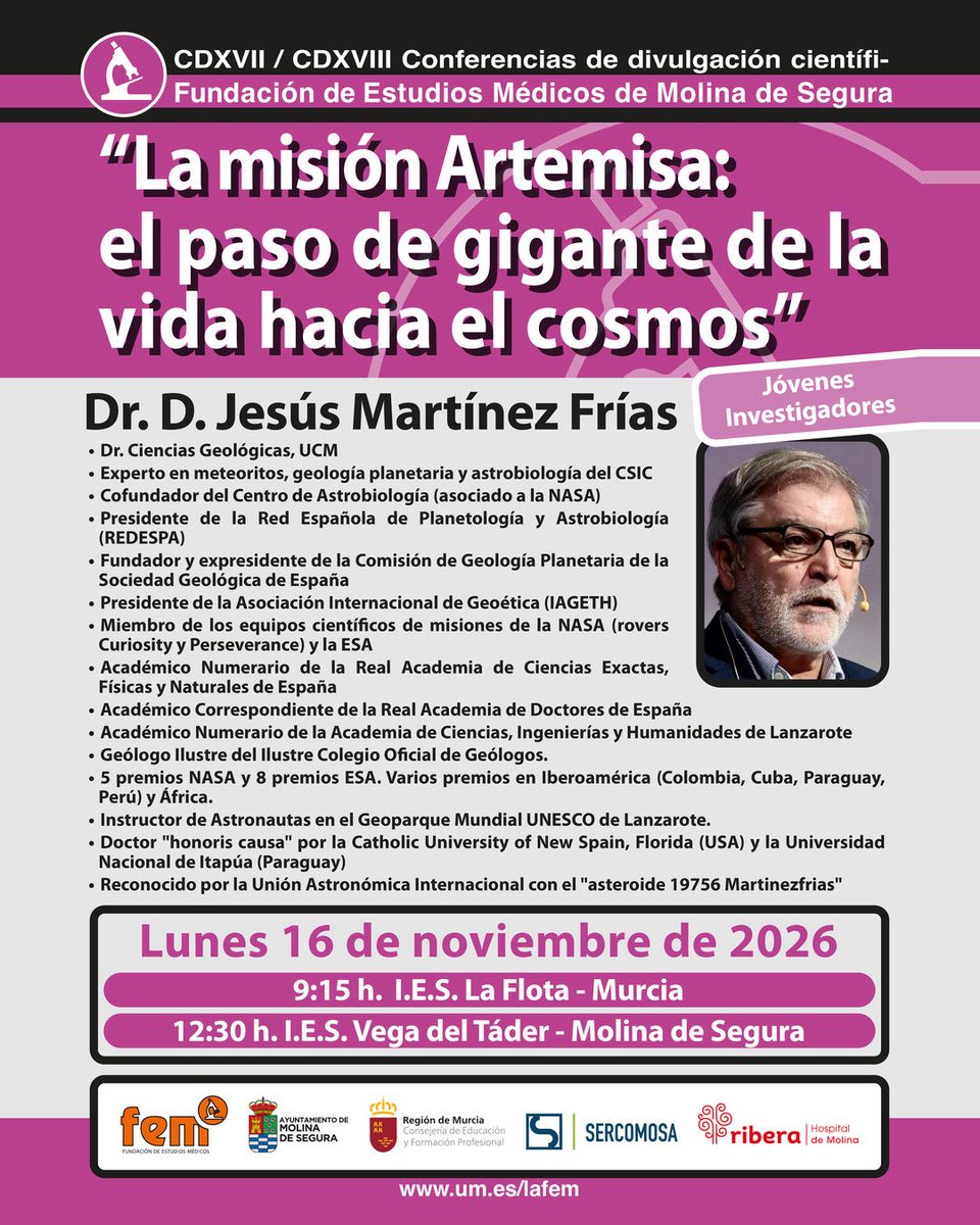 ProgramasRM's tweet photo. 🚀 III Conferencia #JóvenesInvestigadores: el Dr. Jesús Martínez Frías presenta «La misión Artemisa: el paso de gigante de la vida hacia el cosmos».
📅 Lunes 16/11, 9:15 y 12:30 h, en directo por YouTube.
📝 Centros: inscripción hasta el 13/11, 12:00 h
https://t.co/uXgQ4yDMNy https://t.co/FTM3A3SHYD